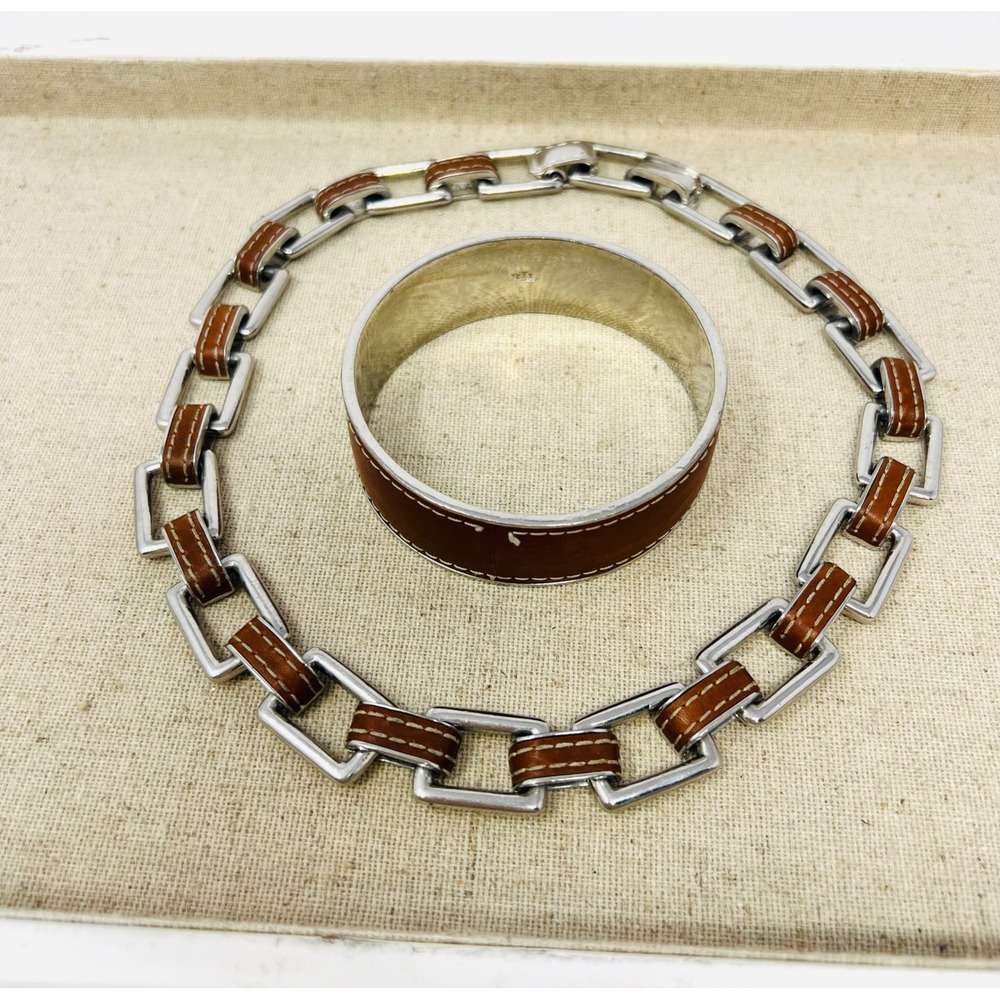 Vintage Lauren Ralph Lauren Silver Tone Faux Leather Link Necklace & Bangle Set